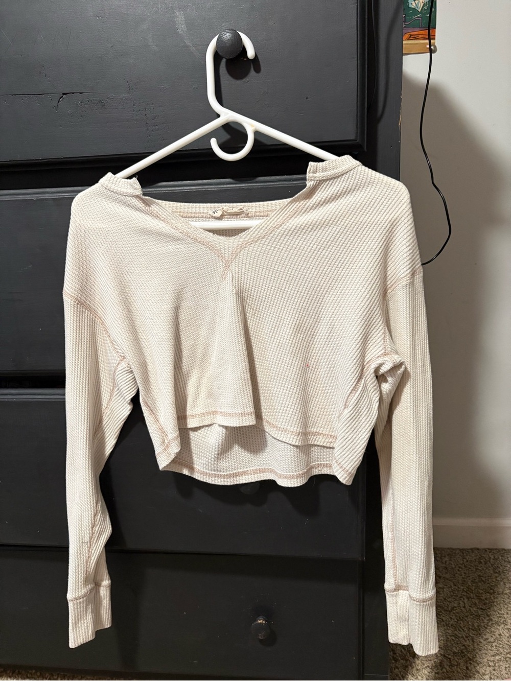 Cropped Cream Waffle-Knit Long-Sleeve Top